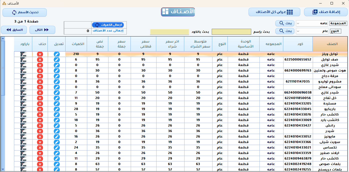 إدارة الأصناف